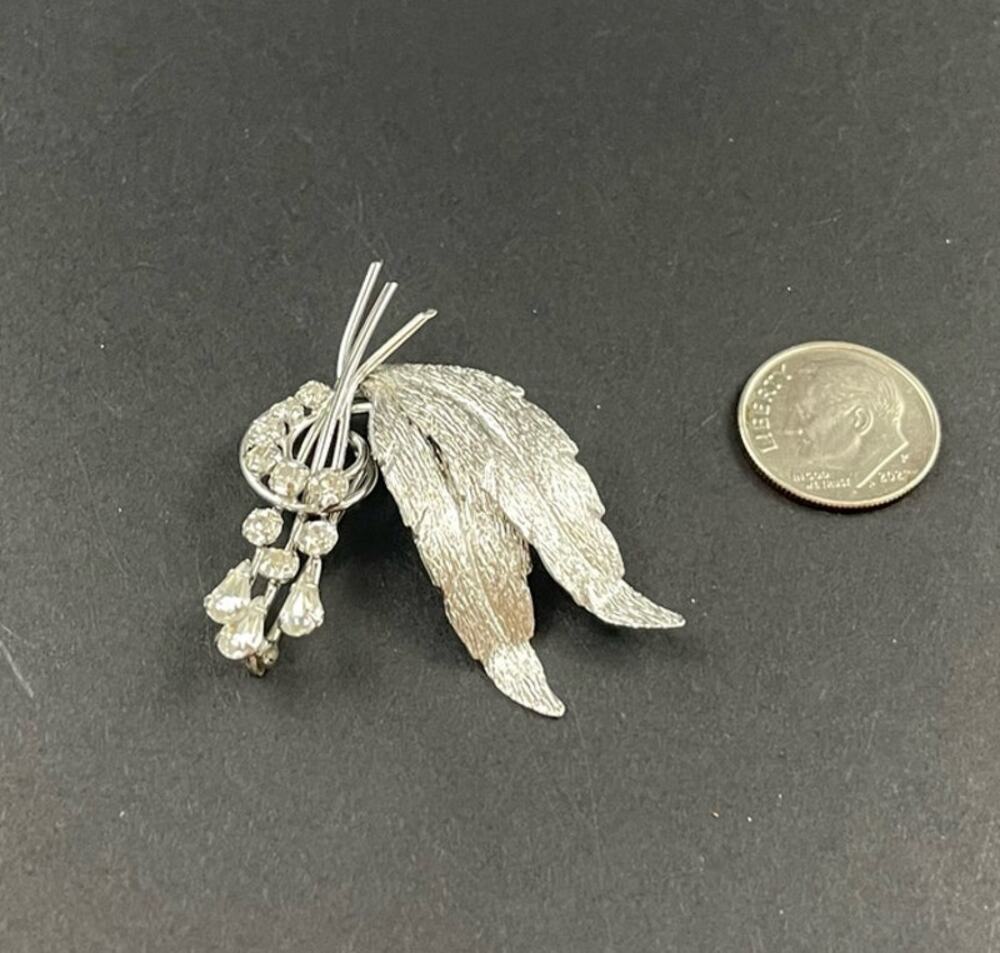 Vintage TK Sterling Silver Crystal Flower Spray Textured Leaves Pin Brooch 925